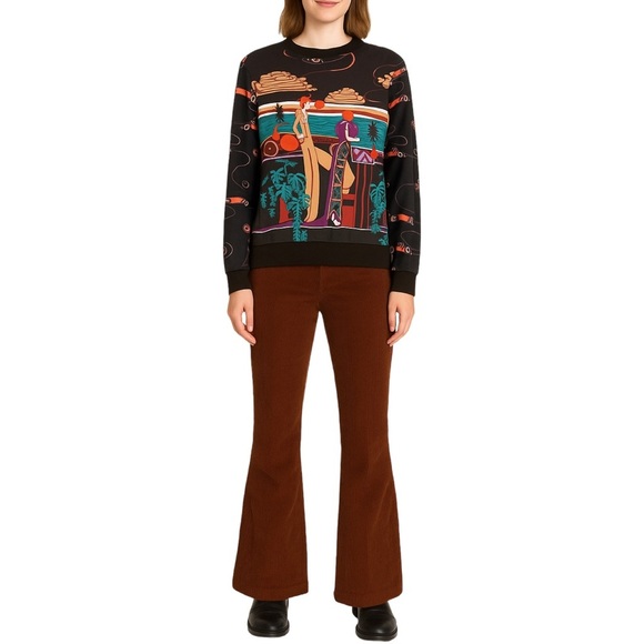 Vintage 70s Art Deco Long Sleeve Top Boardwalk Scene Print Maximalist - Picture 1 of 11